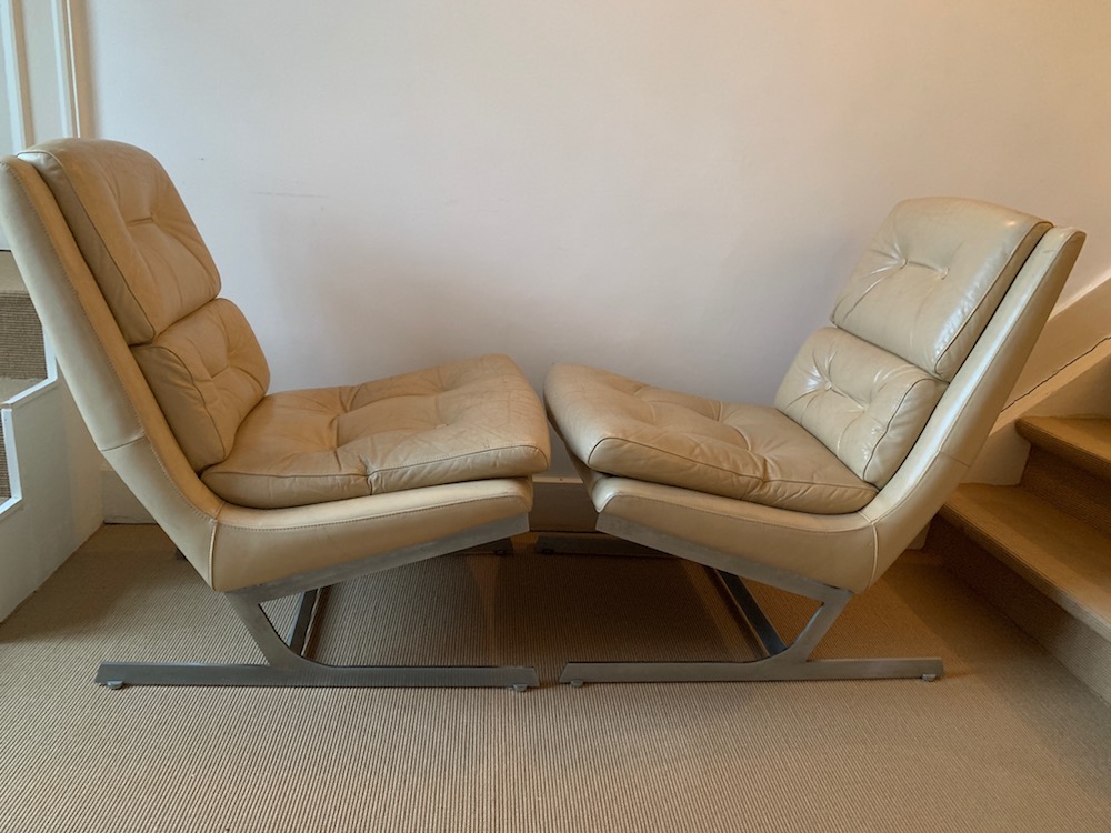 lounge chairs, vintage lounge chairs, leather chairs, raphael raffel, French design, mid modern, midmod, chic interiors, leather and chrome, pair of lounge chairs
