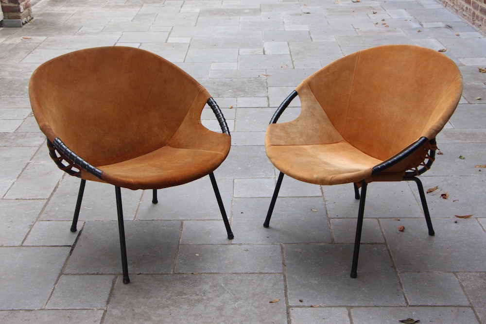 pair of suede round chairs, vintage